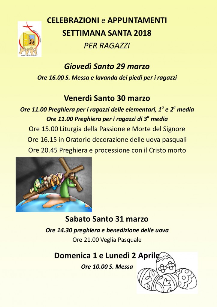Appuntamenti per ragazzi settimana SAnta 2018